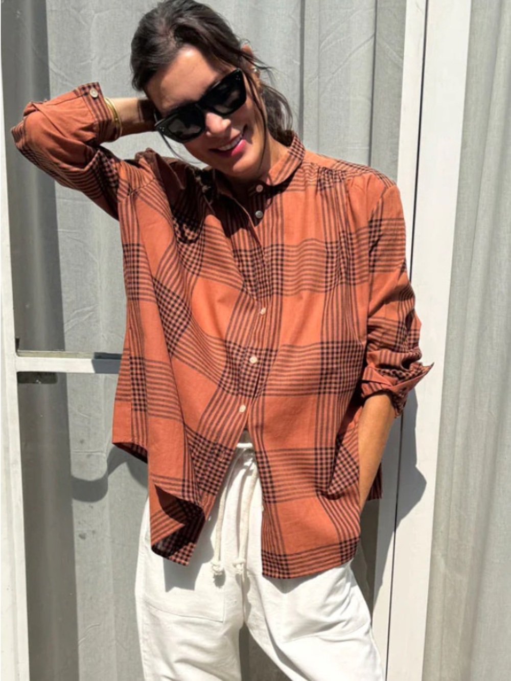 Two New Tork Terracotta Plaid Sienna Khadi Blouse -Rust Plaid Button-Front Shirt